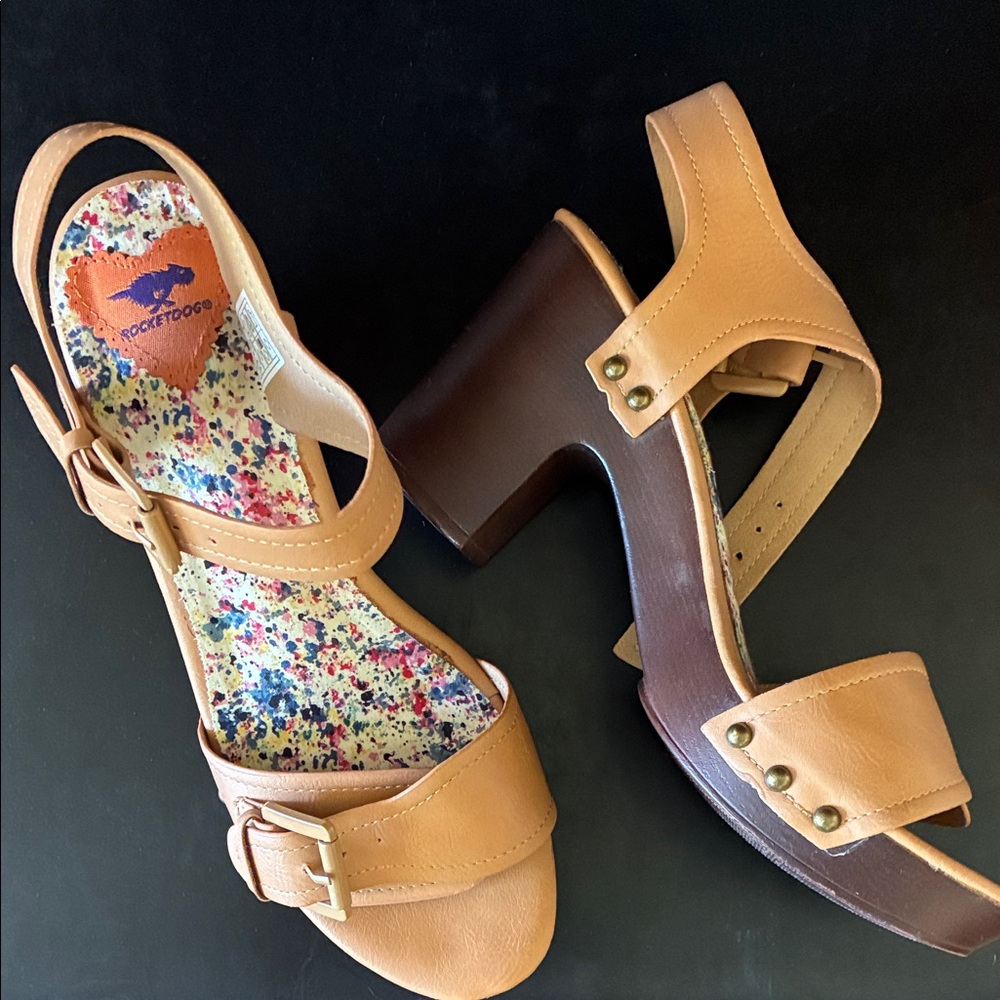 Rocket Dog Tan Leather Block Heel Sandals